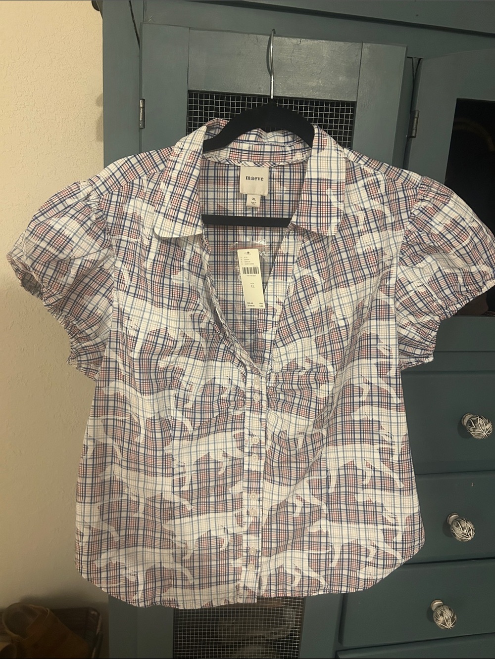 Maeve Short-Sleeve Plaid Button-Up Top in White, Blue & Red